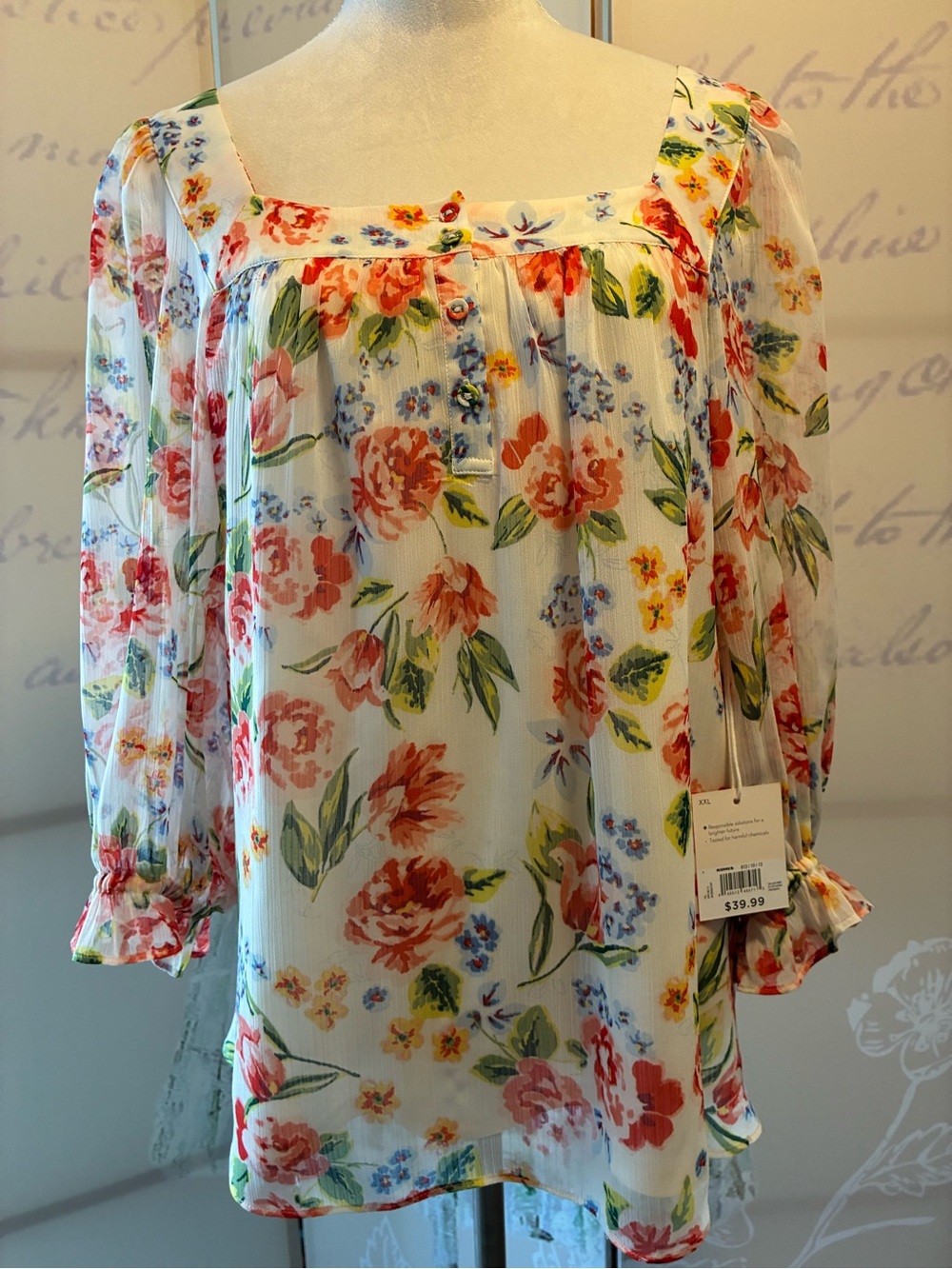 New w/ Tag LC Lauren Conrad Floral Square-Neck Blouse with Coral and Green
